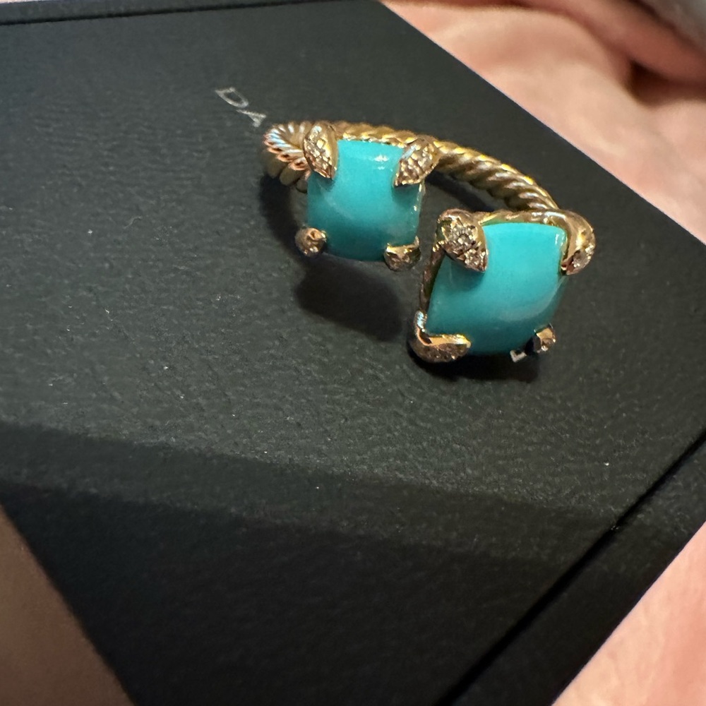 David Yurman Chatelaine ring, 18k, pave diamond, double turquoise stone ring 6.5